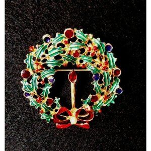 Green Enamel Wreath W/ Candle And Red Rhinestones  Brooch Pin Costume Jewelry